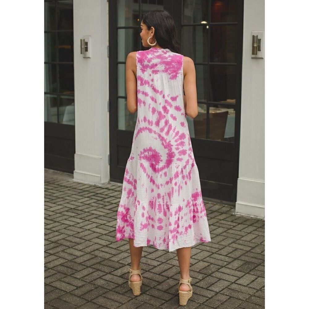 STARK X Women’s Pink & White Tie Dye Sleeveless Gauze Layered Maxi Dress Size M - Picture 3 of 8